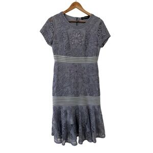 Womans Embroidered Short Sleeve Sequin Mesh Midi Dress L Formal Cocktail Wedding
